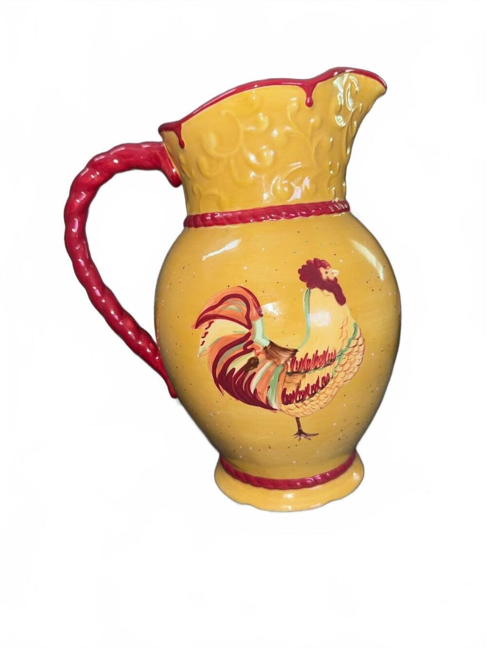 Princess House  Yellow Ceramic Pitcher with Red Handle and Rooster Design